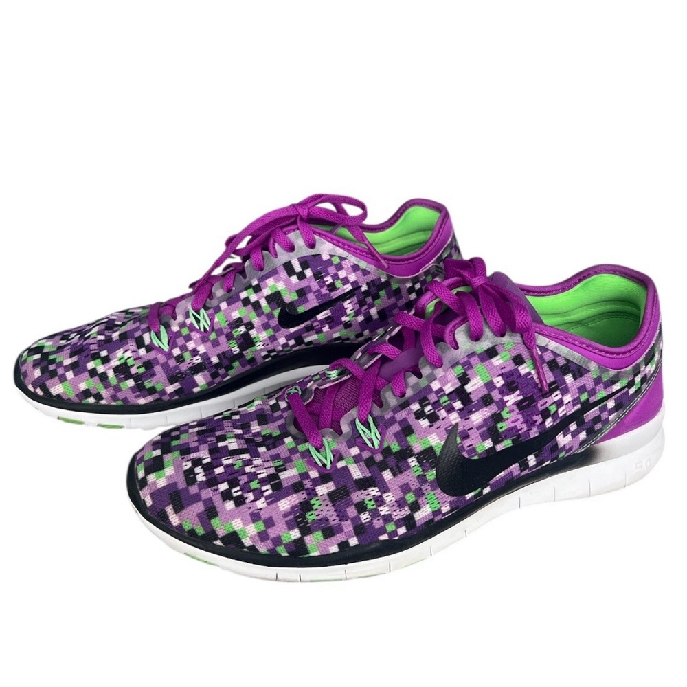Nike Free 5.0 women’s 9.5 checkered lace up multicolored purple running sneakers
